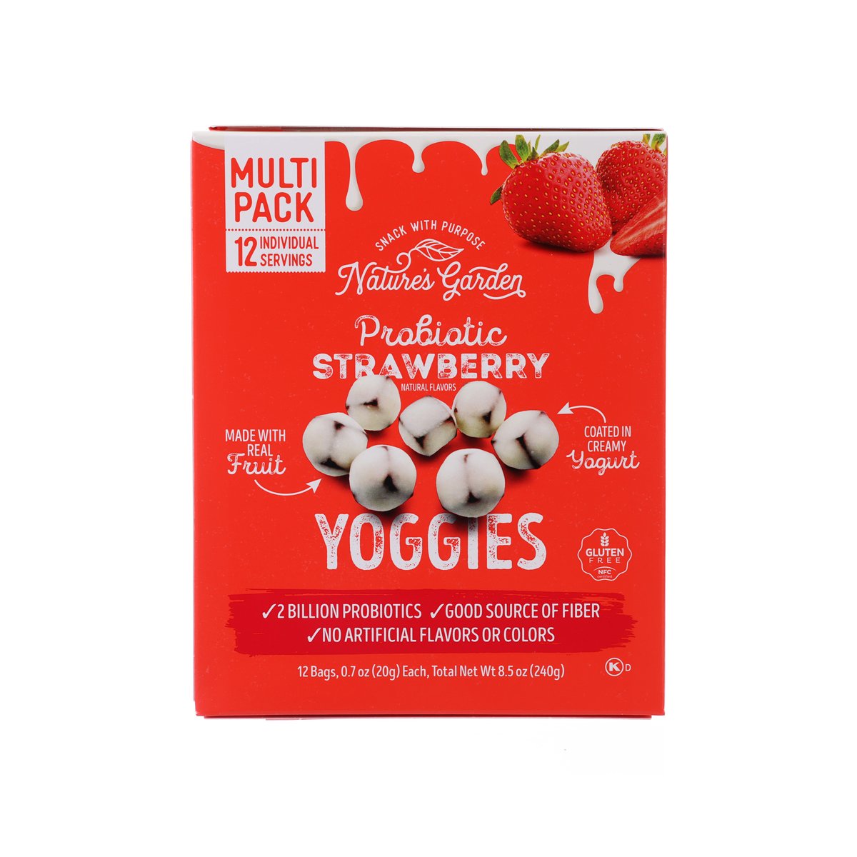 Probiotic strawberry yoggies multi-pack box, red with strawberry graphics, 12 servings
