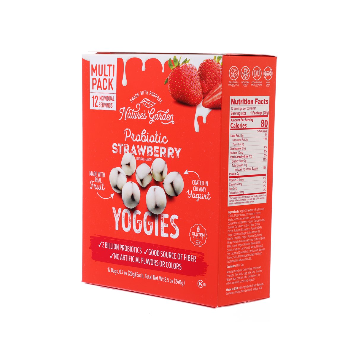 Probiotic strawberry yoggies multi-pack box with Nutrition Facts panel, 12 servings