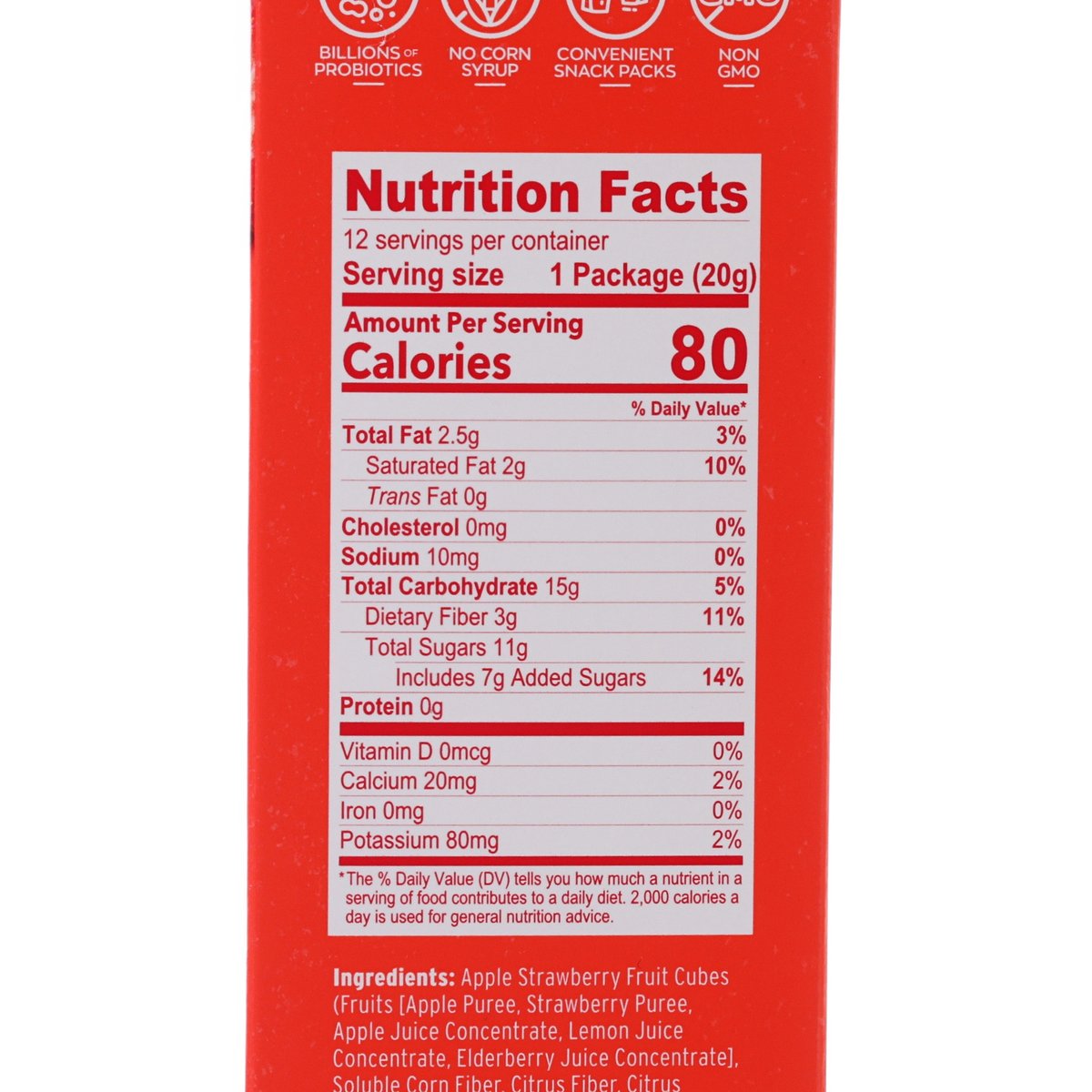 Nutrition Facts panel for probiotic strawberry yoggies, serving size 1 package (20g)