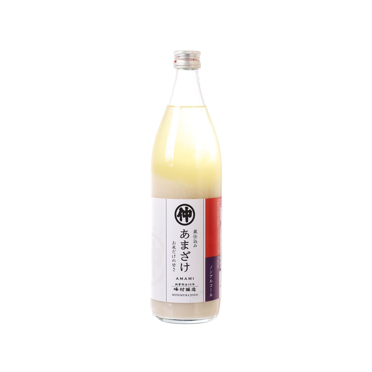 MINEMURA amazake rice drink bottle, light beige liquid, front label with red band