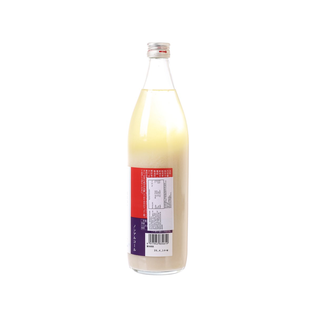 MINEMURA amazake rice drink bottle, back label with barcode and red panel