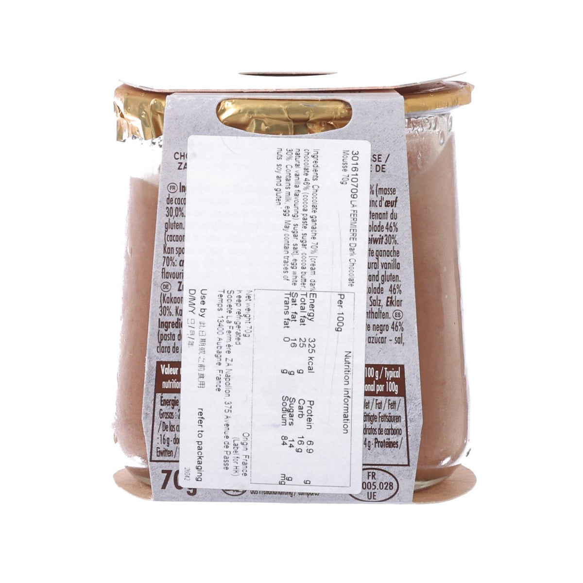 Dark chocolate mousse plastic tub with back nutrition label