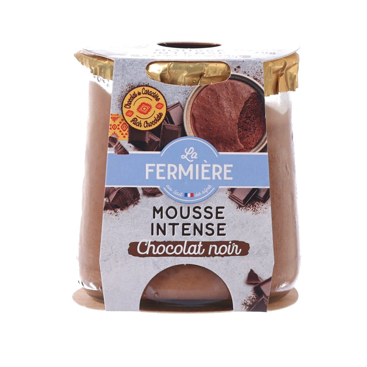 Dark chocolate mousse in a plastic tub with foil top and front label