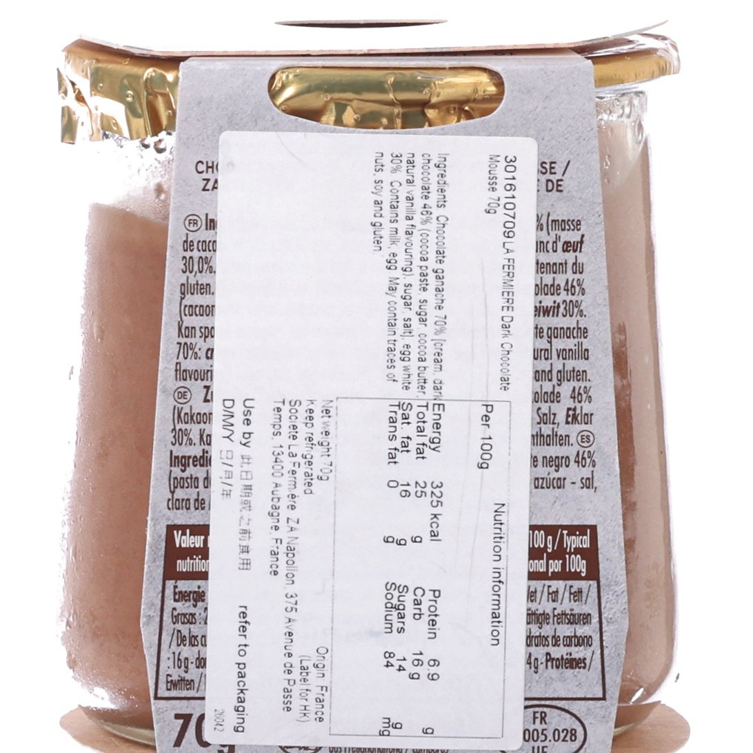 Dark chocolate mousse plastic tub with close-up nutrition facts panel
