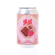 Raspberry chocolate cider drink can, pink label with chocolate and berry graphics