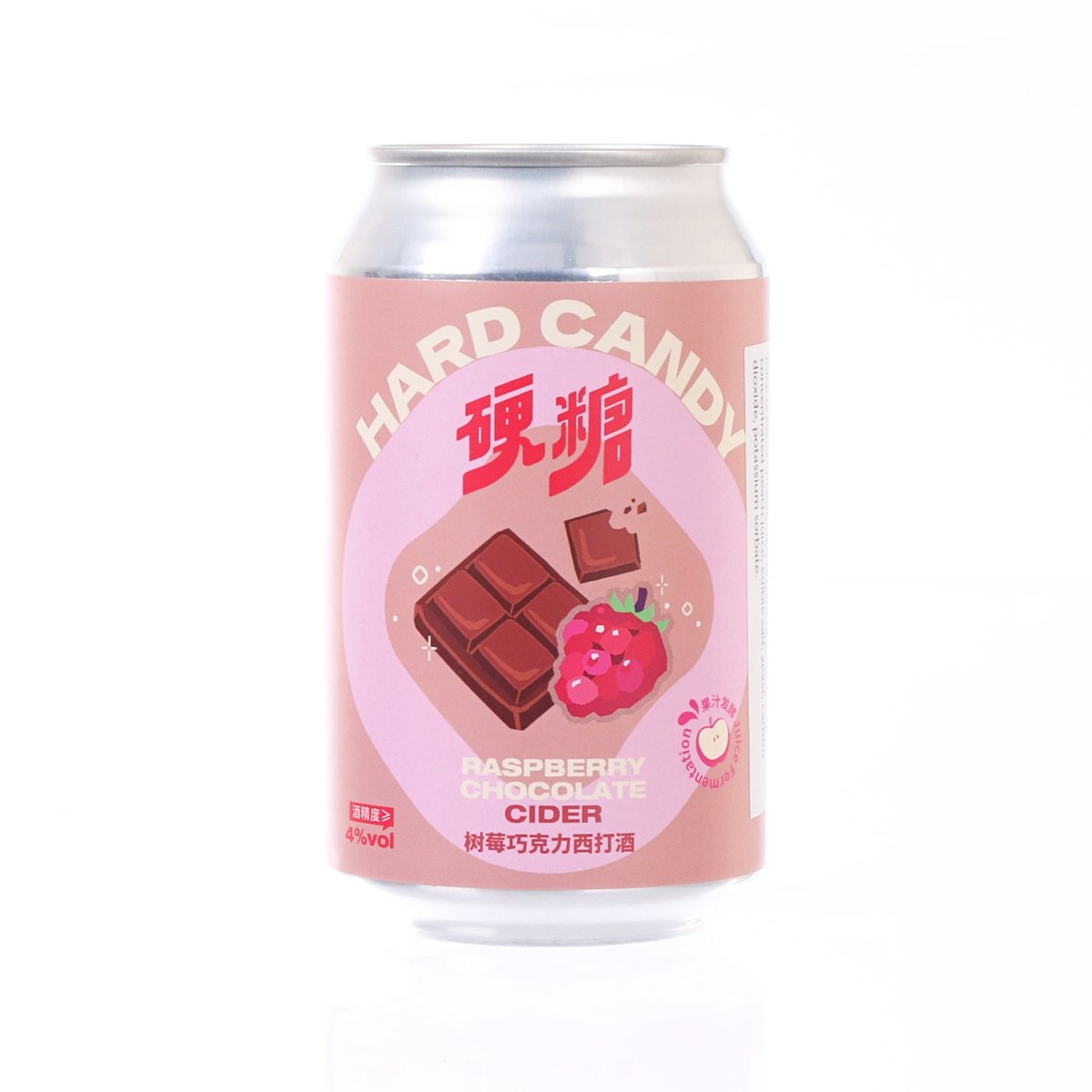 Raspberry chocolate cider drink can, pink label with chocolate and berry graphics