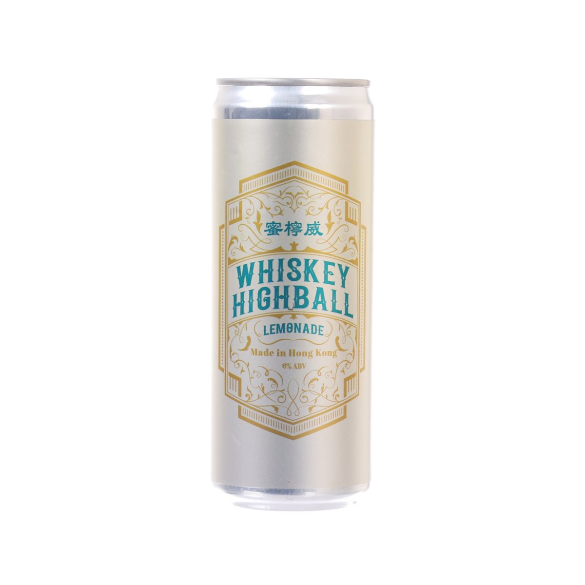 Whiskey highball lemonade drink can, cream label with blue text and gold crest
