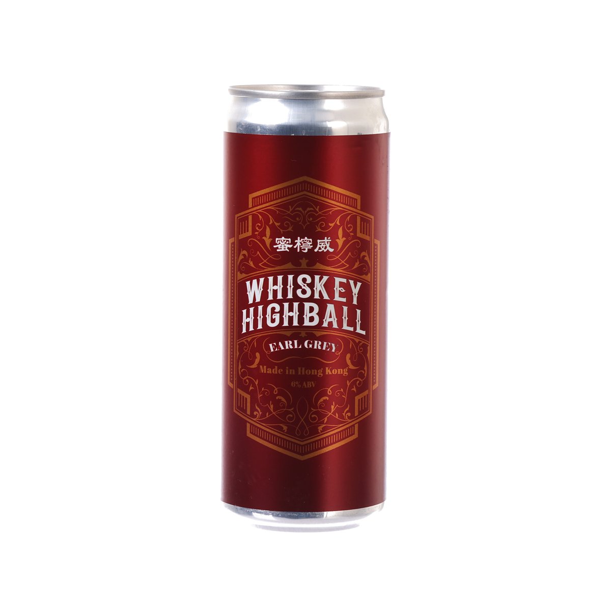 Dark red whiskey highball can with silver top and front label