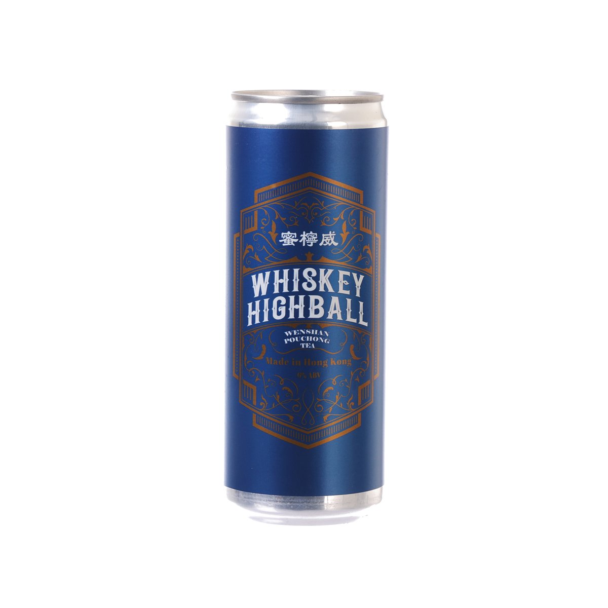 Blue whiskey highball tea beverage can with gold front label, 330 mL