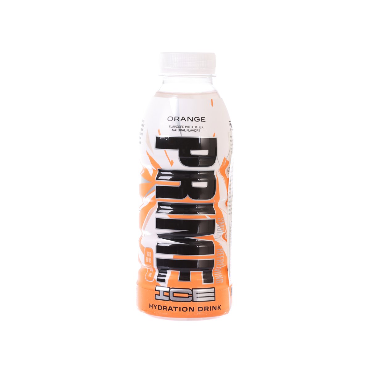 500 mL orange hydration drink bottle with PRIME branding and clear cap