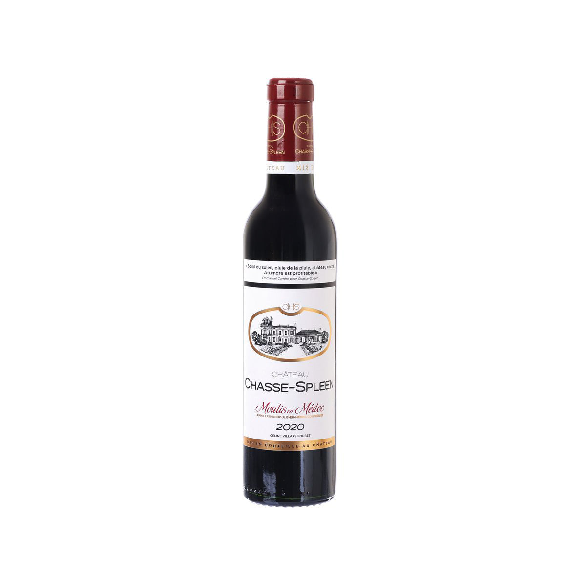 Chateau Chasse-Spleen red wine bottle, front label, 2020 vintage, 375 mL
