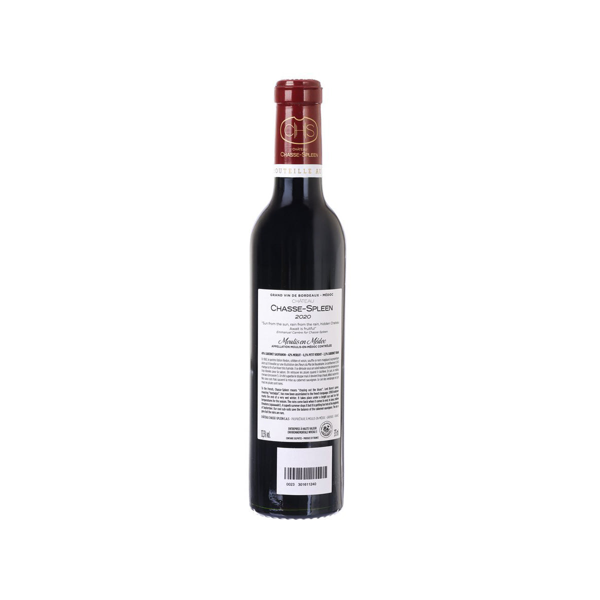 Chateau Chasse-Spleen red wine bottle, back label, 2020, 375 mL