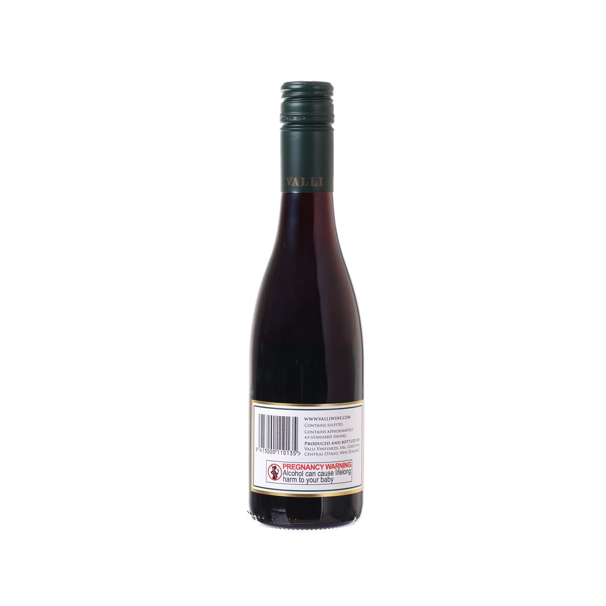 VALLI Bannockburn Vineyard Pinot Noir 2023 wine bottle with back label, 375mL.