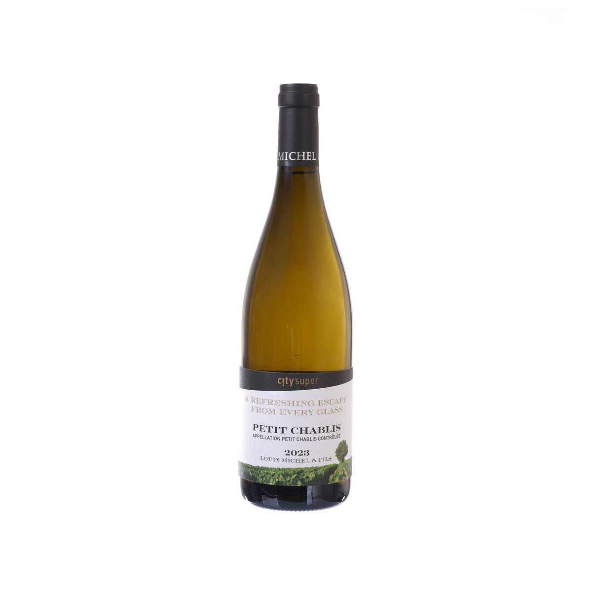 Yellow wine bottle with CITYSUPER Louis Michel label, Petit Chablis 2023, 750mL.