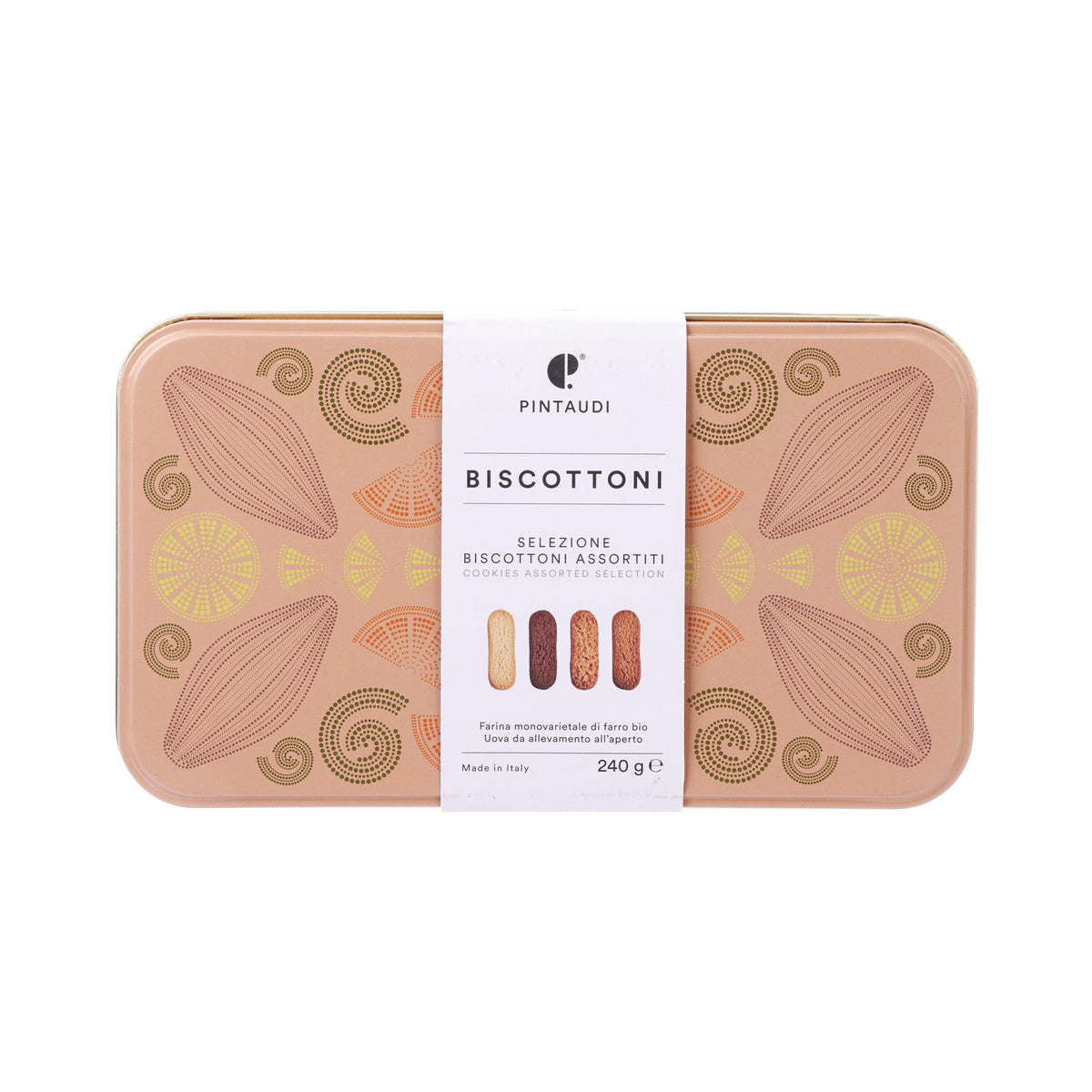 PINTAUDI biscotti gift tin (240 g) with front label and assorted cookie sticks