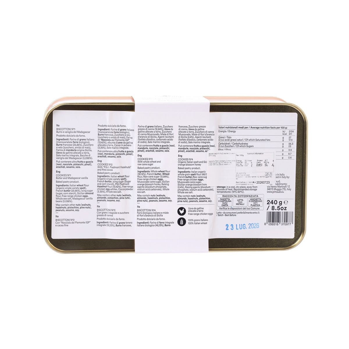 PINTAUDI biscotti gift tin (240 g) back view with ingredient text