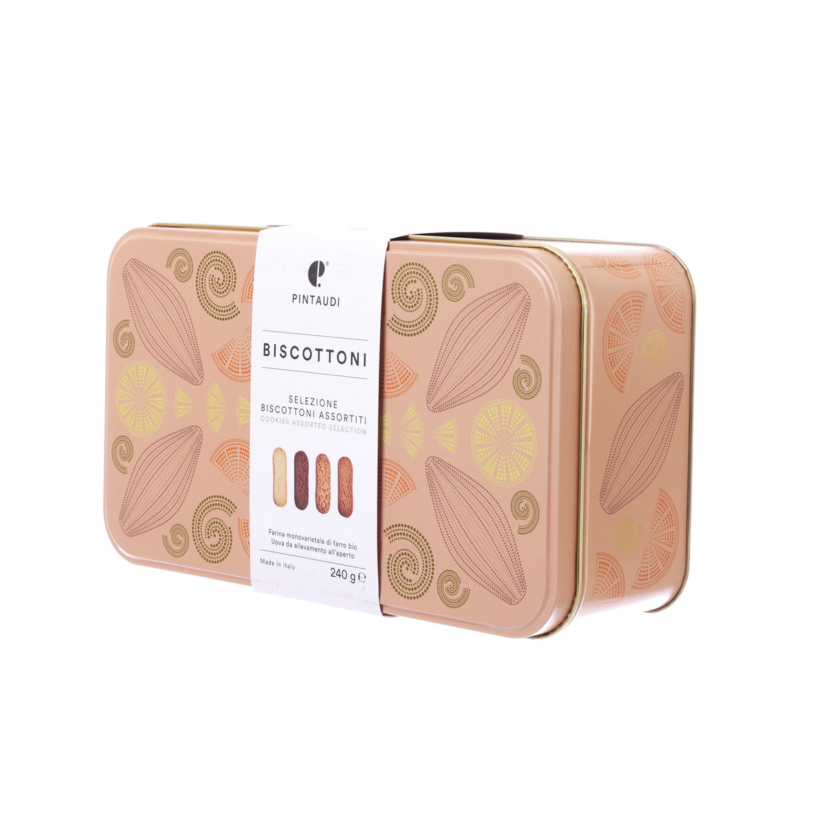 PINTAUDI biscotti gift tin (240 g) open lid with illustrated pattern