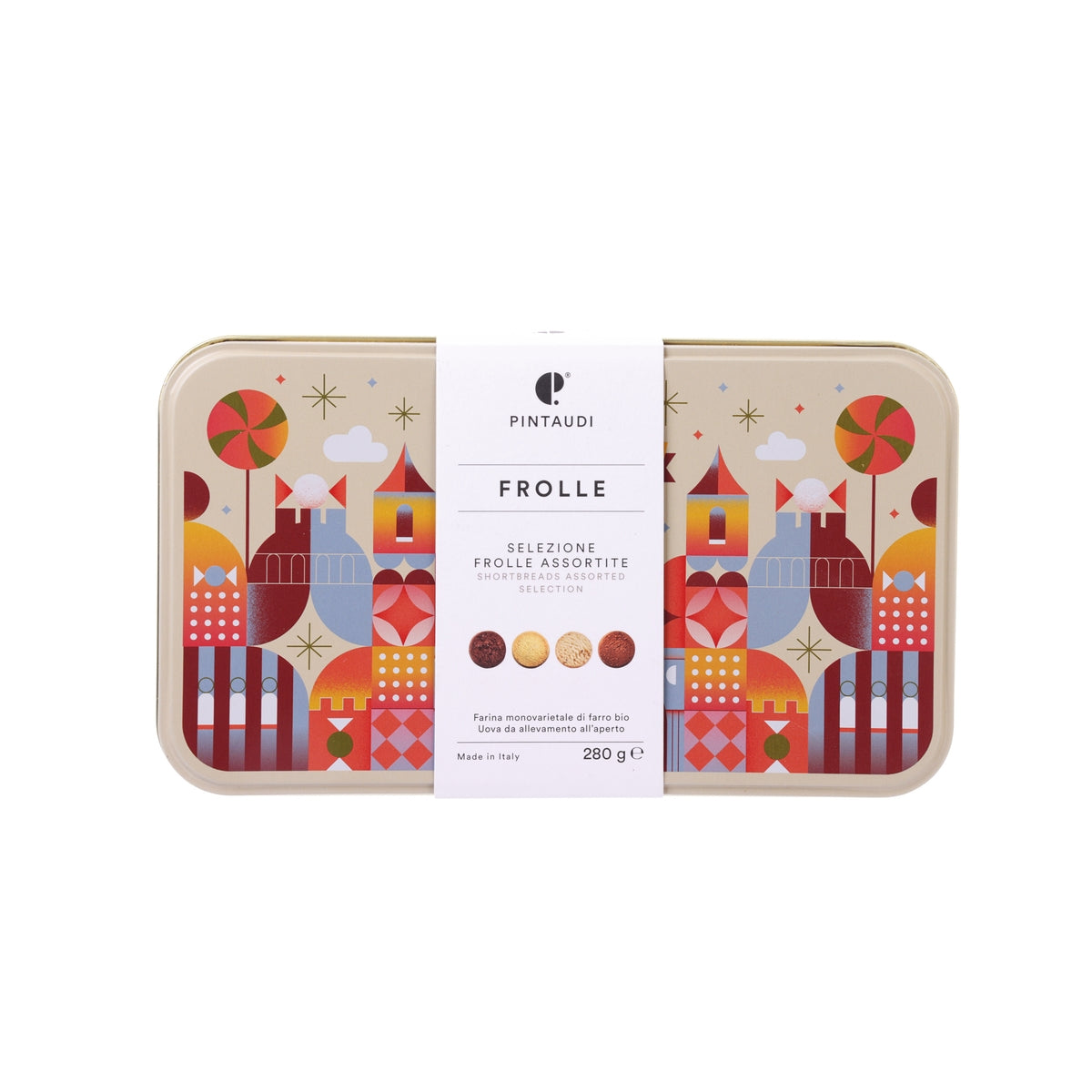 PINTAUDI Frolle assorted shortbread gift tin, colorful city design, 280 g