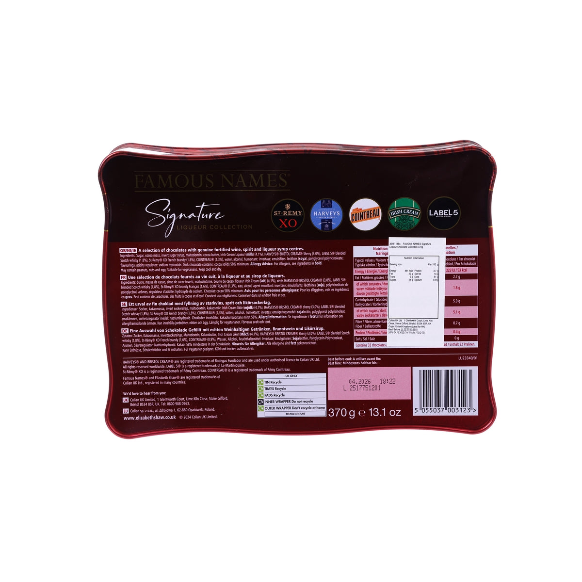 FAMOUS NAMES liqueur chocolate tin, back with ingredient text and barcode