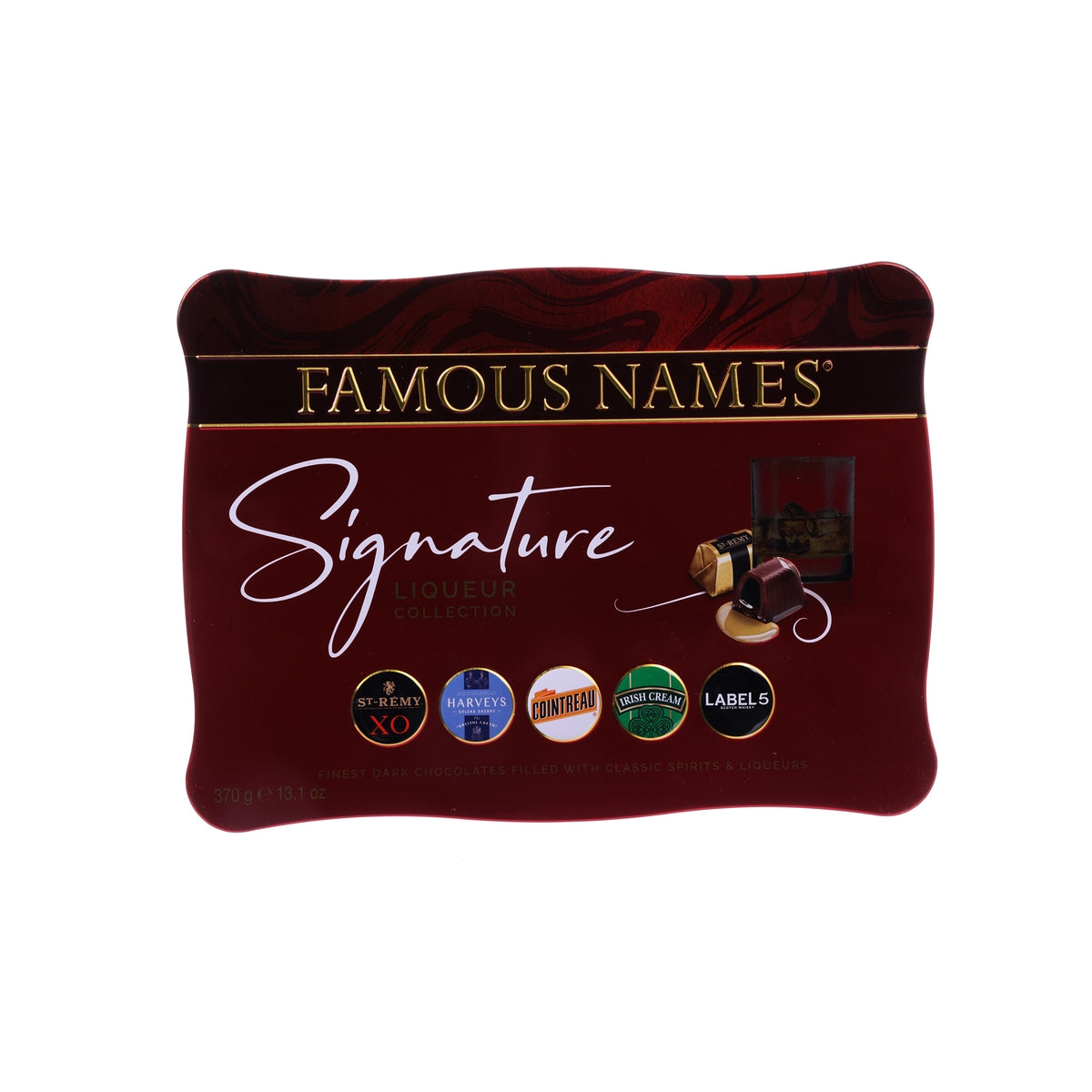 FAMOUS NAMES Signature liqueur chocolate tin, dark red front label