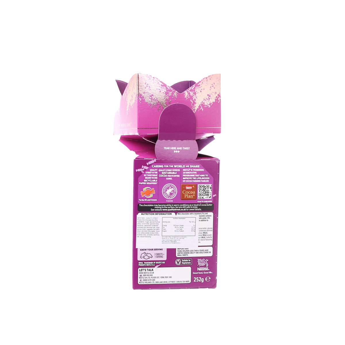 Purple Quality Street 'The Purple One' chocolate box, back panel view, 252 g