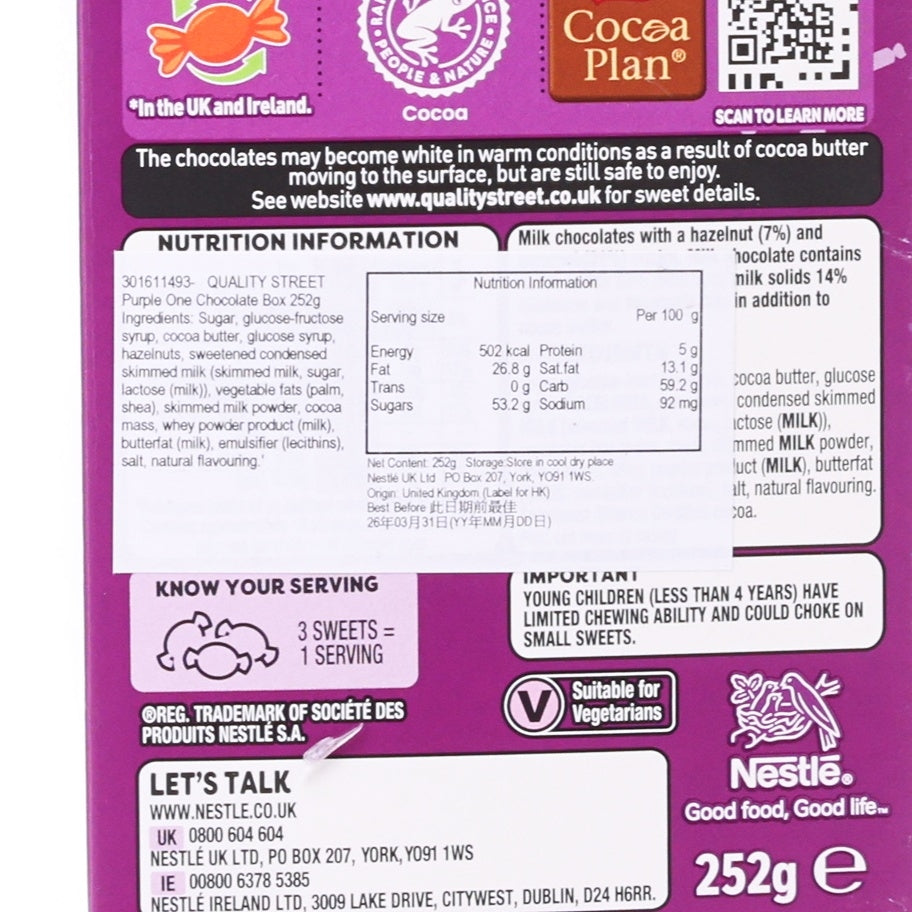 Purple chocolate box close-up of nutrition facts and ingredients, 252 g