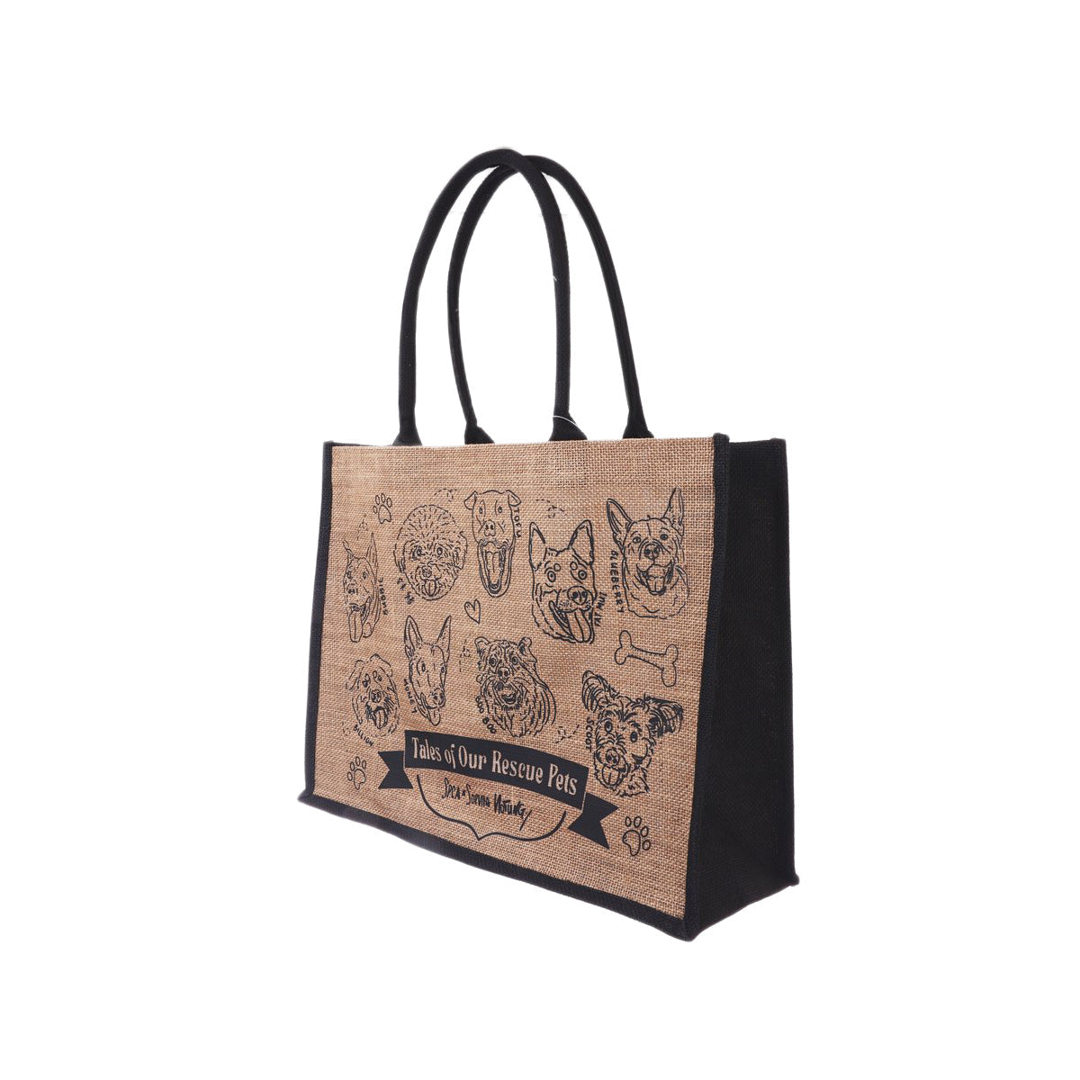 Jute shopping bag with black handles, angled view, rescue pet line-drawings and text