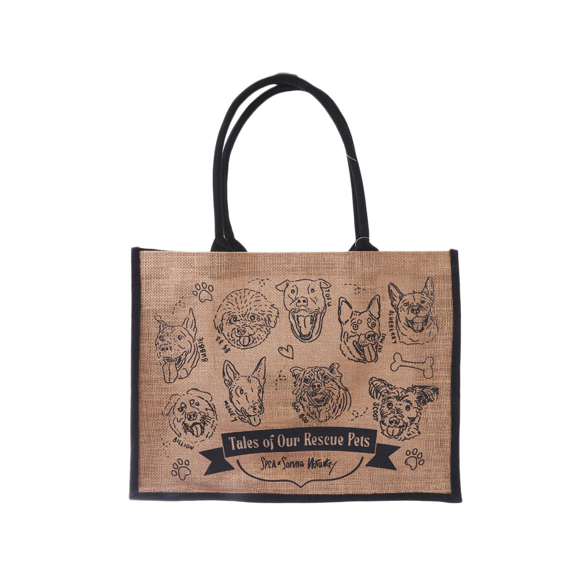 Jute shopping bag with black handles, rescue pet face illustration and logo text