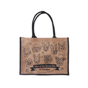 Jute shopping bag with black handles, rescue pet face illustration and logo text