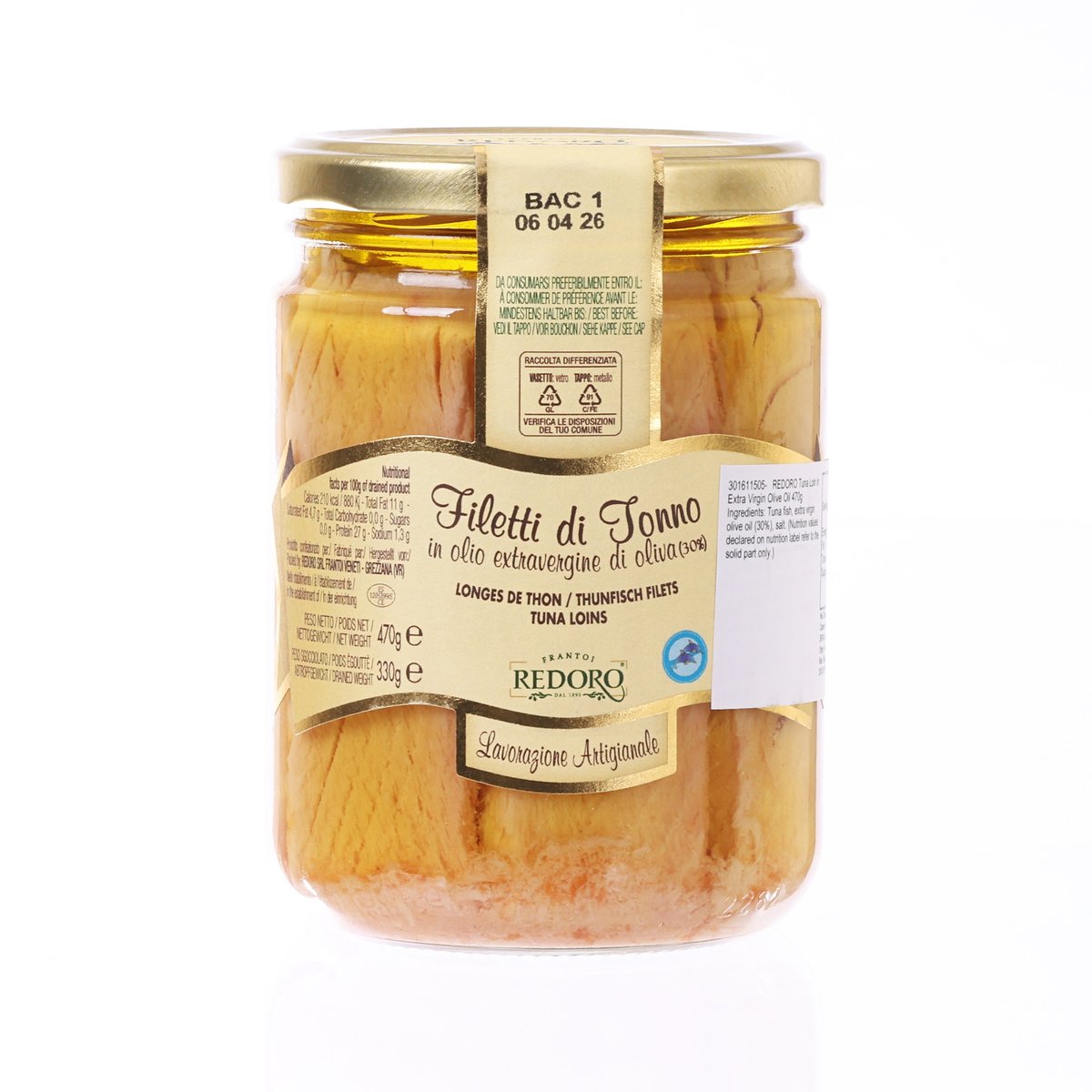 Tuna loin fillets jar in extra virgin olive oil, REDORO, front label