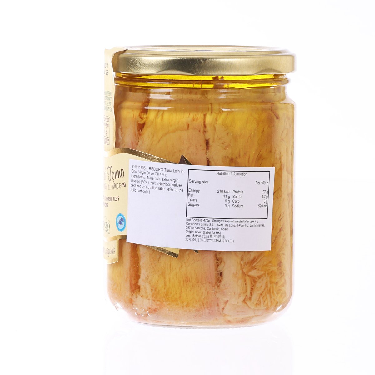 Tuna loin fillets jar in extra virgin olive oil, REDORO, nutrition label side