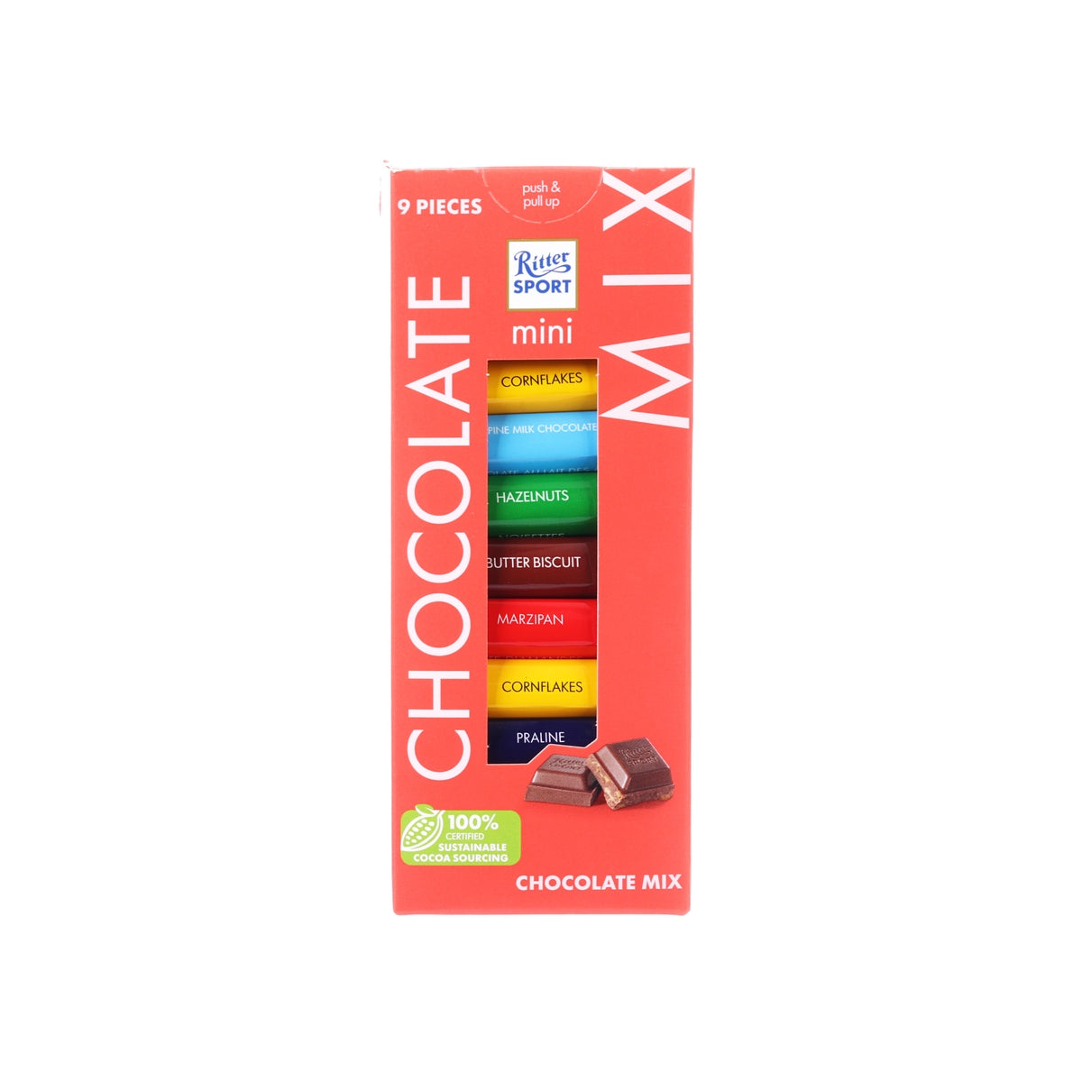 RITTER SPORT mini chocolate mix, red front pack with 9 pieces and assorted chocolates
