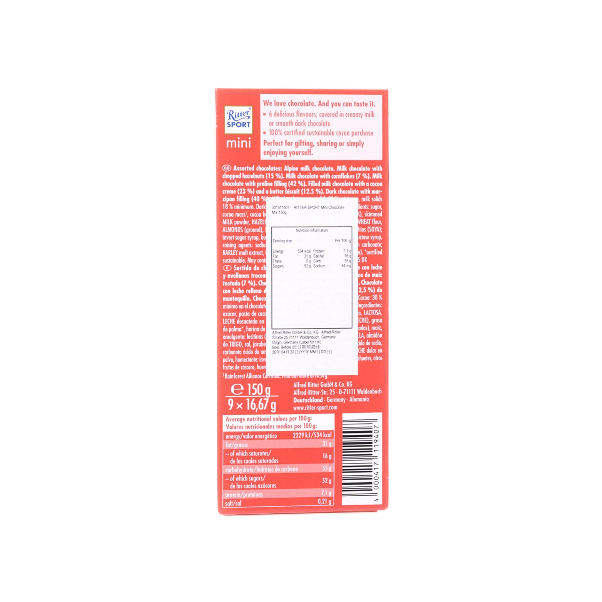 RITTER SPORT mini chocolate mix, back pack with ingredients and nutrition panel text