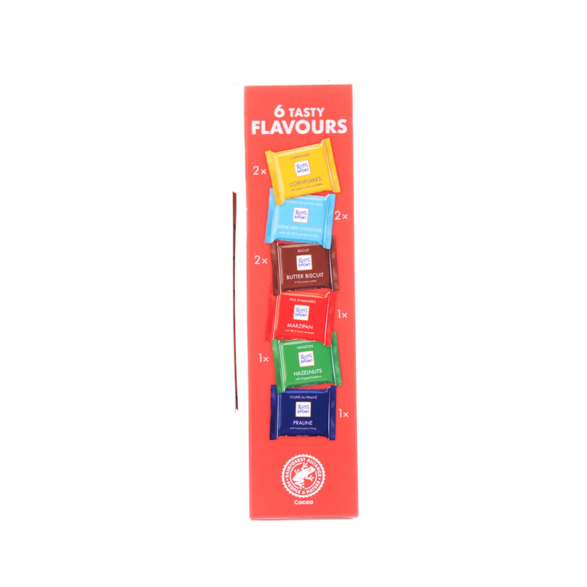 RITTER SPORT mini chocolate mix, pack showing 6 flavors in colored sections