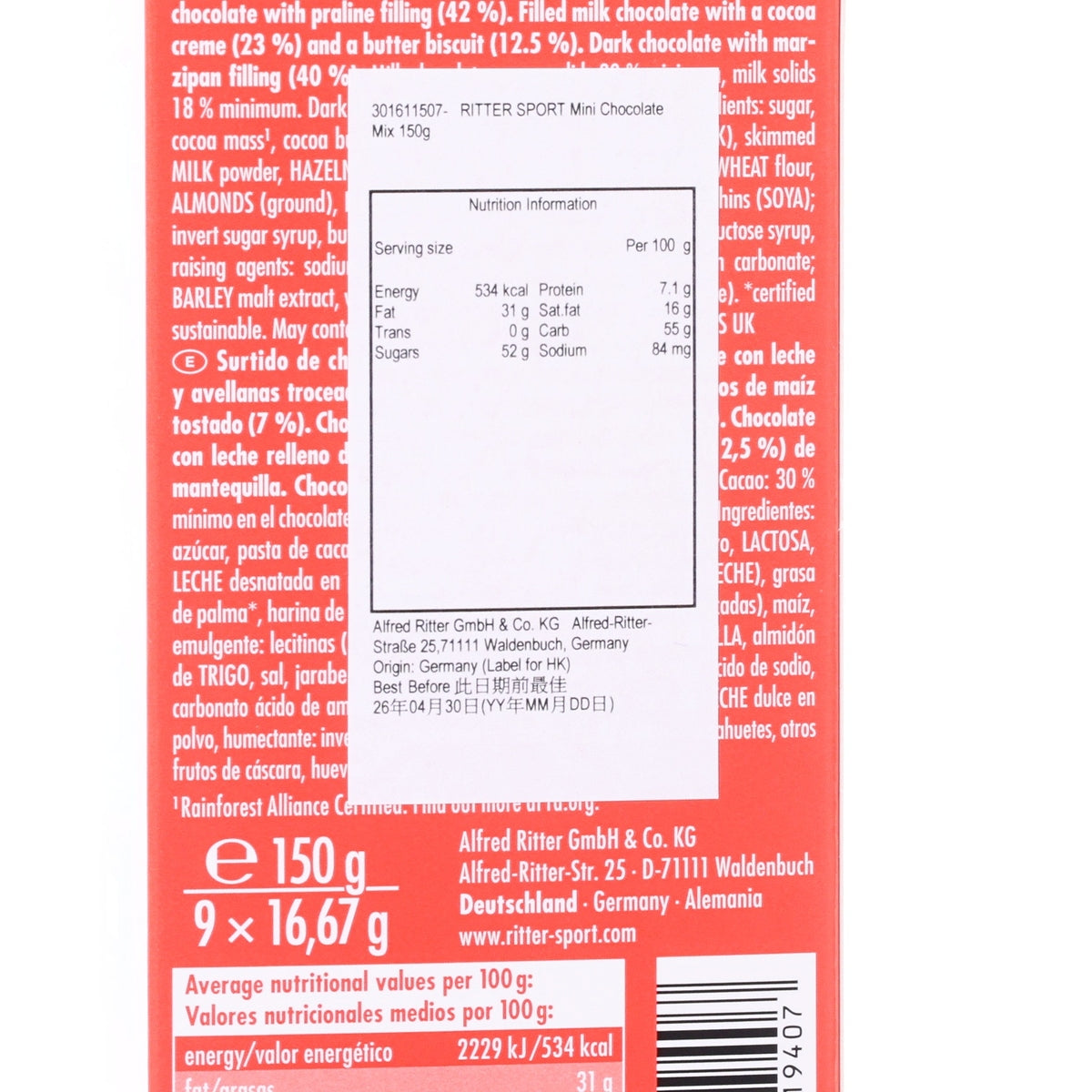 RITTER SPORT mini chocolate mix, nutrition facts label with per-100g serving values