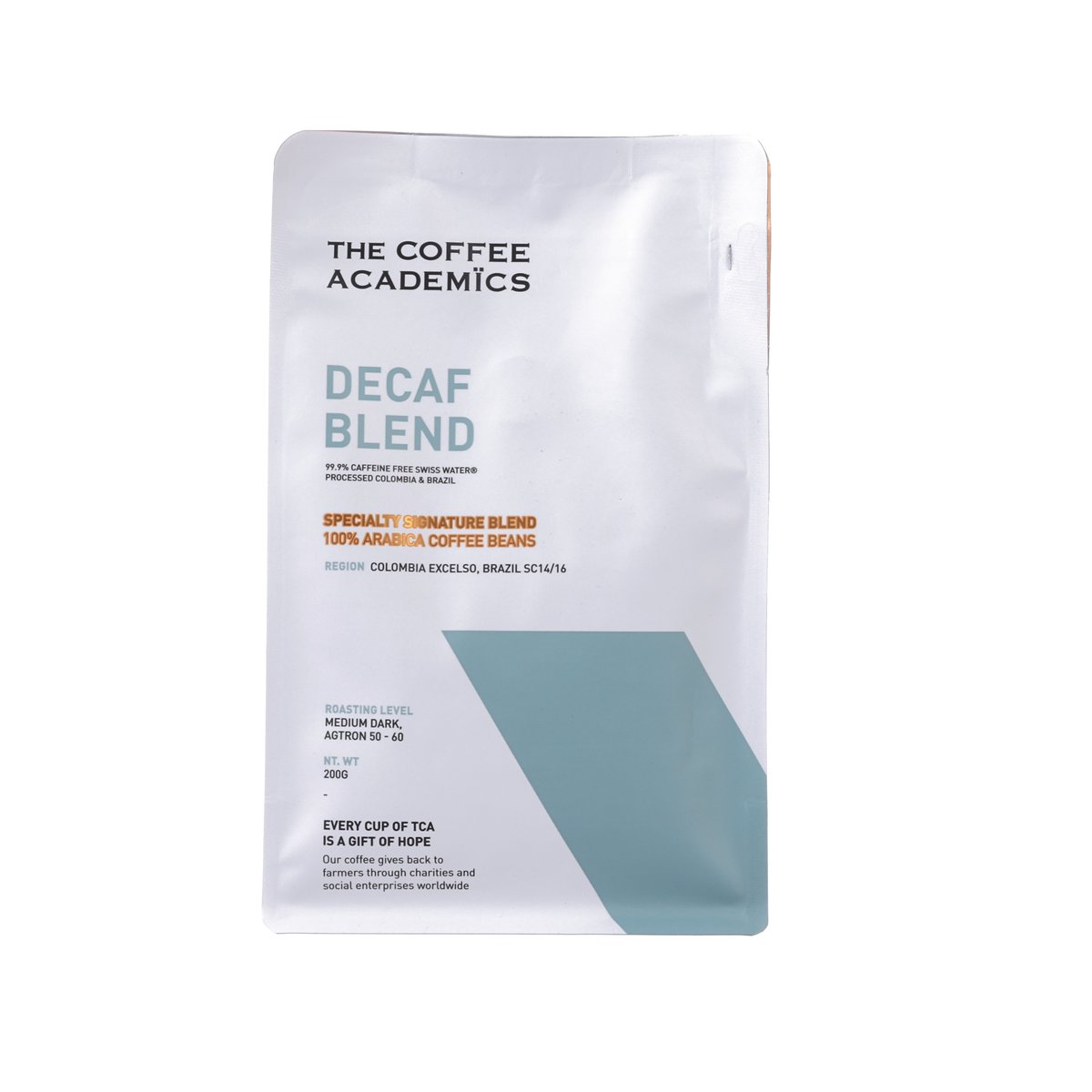 Decaf blend coffee bean bag, white and blue front label, 200 g pouch.
