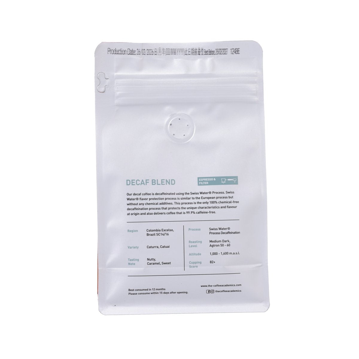 Decaf blend coffee bean bag, white back panel with brewing and blend details.