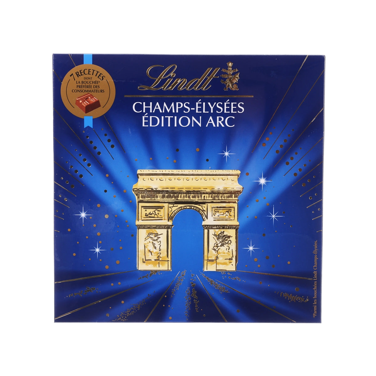 LINDT Champs-Elysees edition chocolate box with arch artwork, blue and gold design