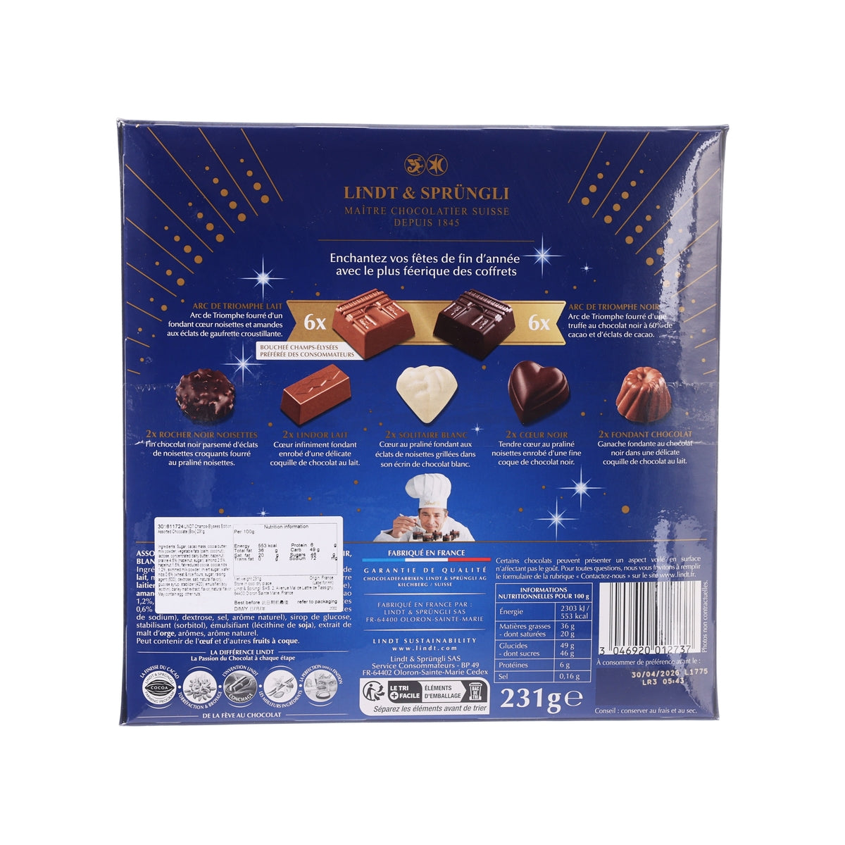 LINDT Champs-Elysees edition chocolate box back with assorted chocolate pictures