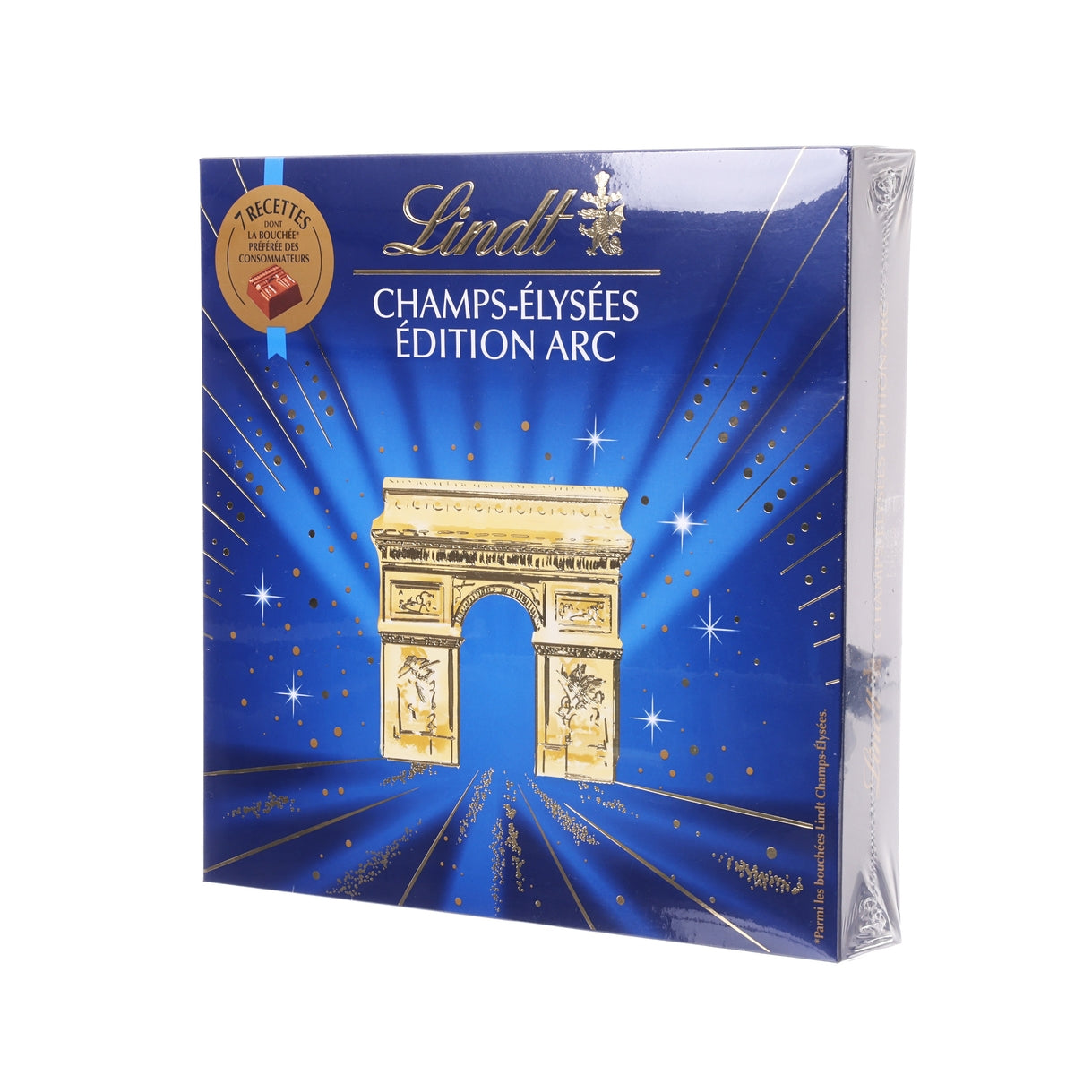 LINDT Champs-Elysees chocolate box, blue with arched landmark graphic (side view)