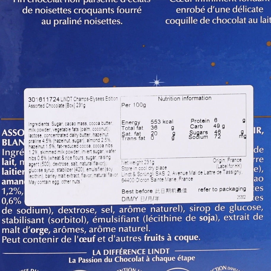 LINDT Champs-Elysees chocolate box label with nutrition information