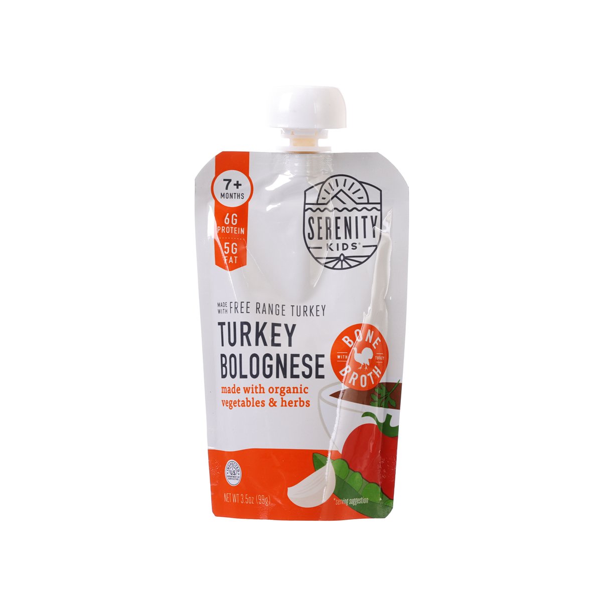 SERENITY KIDS Turkey bolognese bone broth pouch, front label, 99g