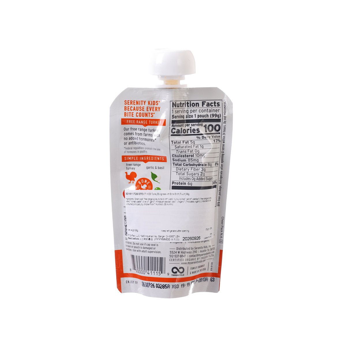 SERENITY KIDS Turkey bolognese bone broth pouch, back label with nutrition facts