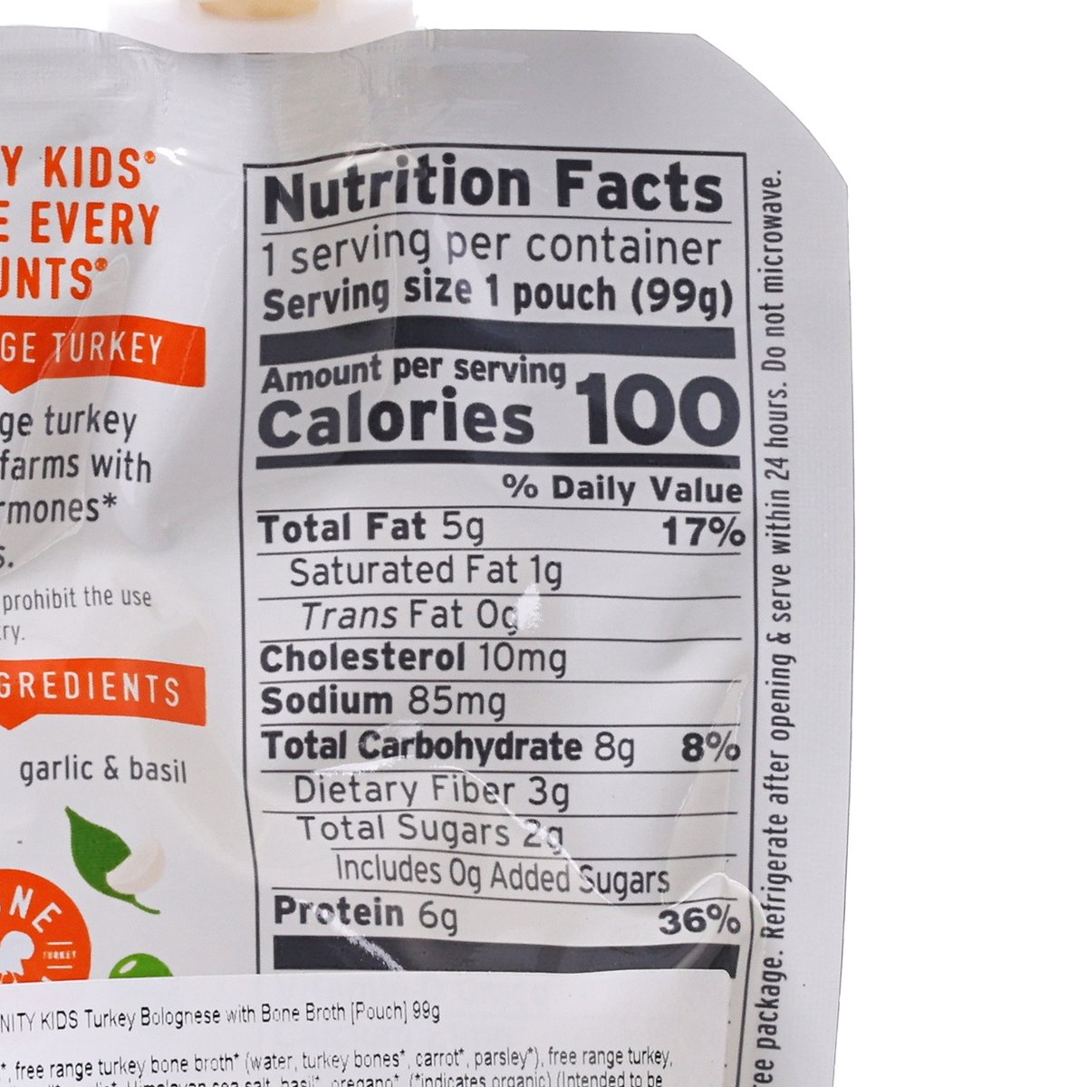 SERENITY KIDS nutrition facts label, calories 100, serving size 1 pouch (99g)