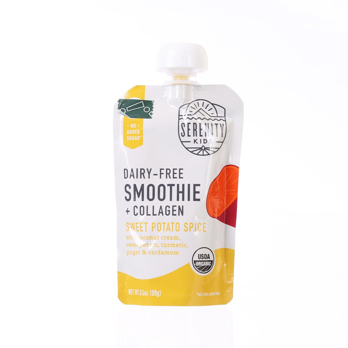 Kids dairy-free smoothie pouch with collagen, sweet potato spice flavor, stand-up pack
