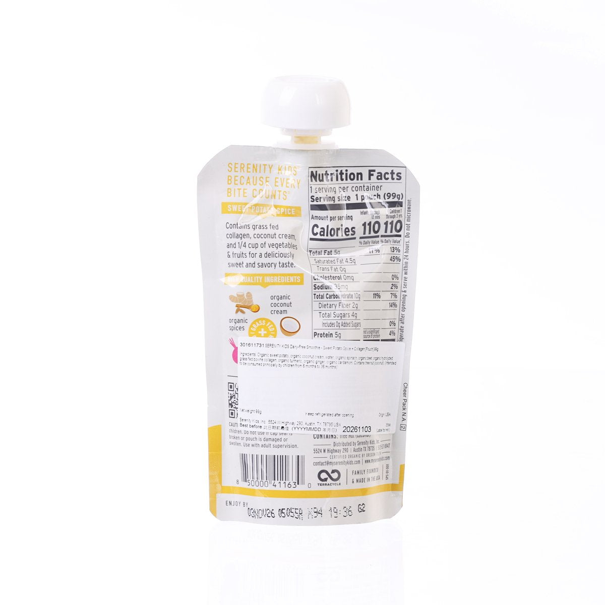 Back view of kids dairy-free smoothie pouch with nutrition facts, ingredients, and barcode