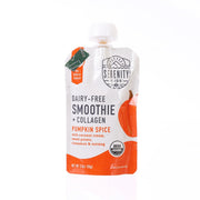 Dairy-free smoothie pouch with collagen, pumpkin spice flavor, standing upright