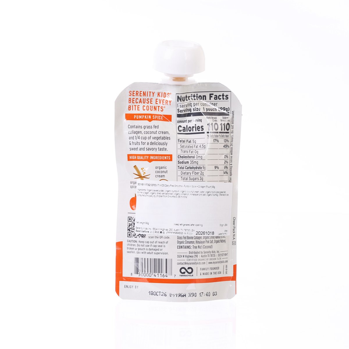 Dairy-free smoothie pouch back with Nutrition Facts and ingredient panel