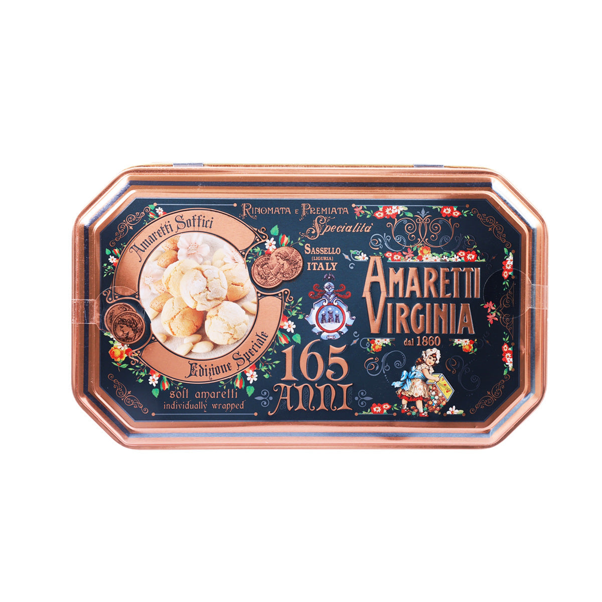 Octagonal biscuit tin with blue graphic lid and copper trim, 350 g