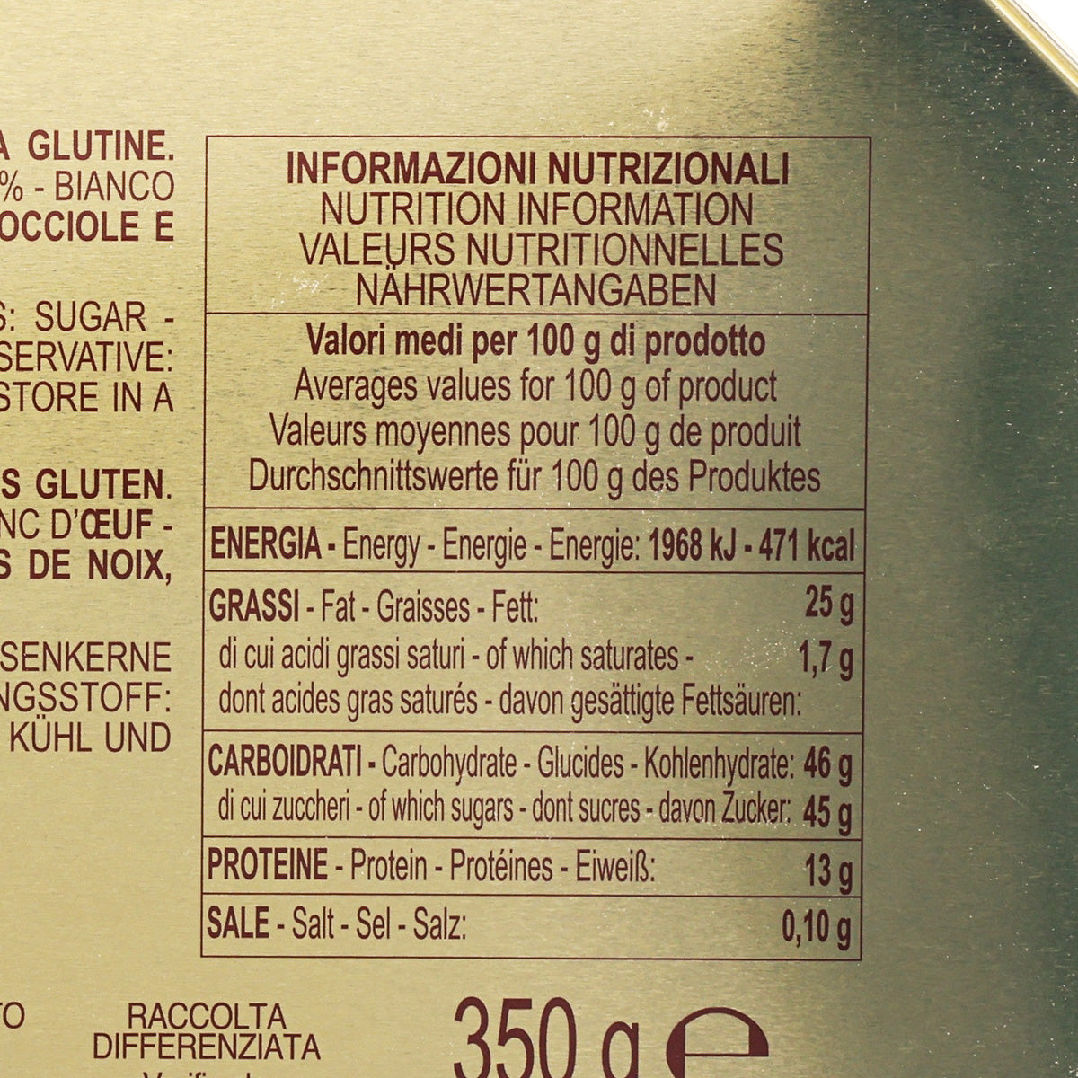Nutrition facts panel on 350 g soft amaretti biscuit tin, ingredients and values